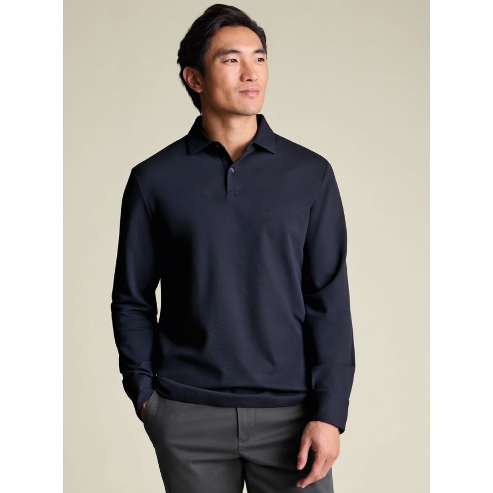 Charles Tyrwhitt Mens Navy Blue Smart Pique Long Sleeve Polo Shirt Large JEP0466